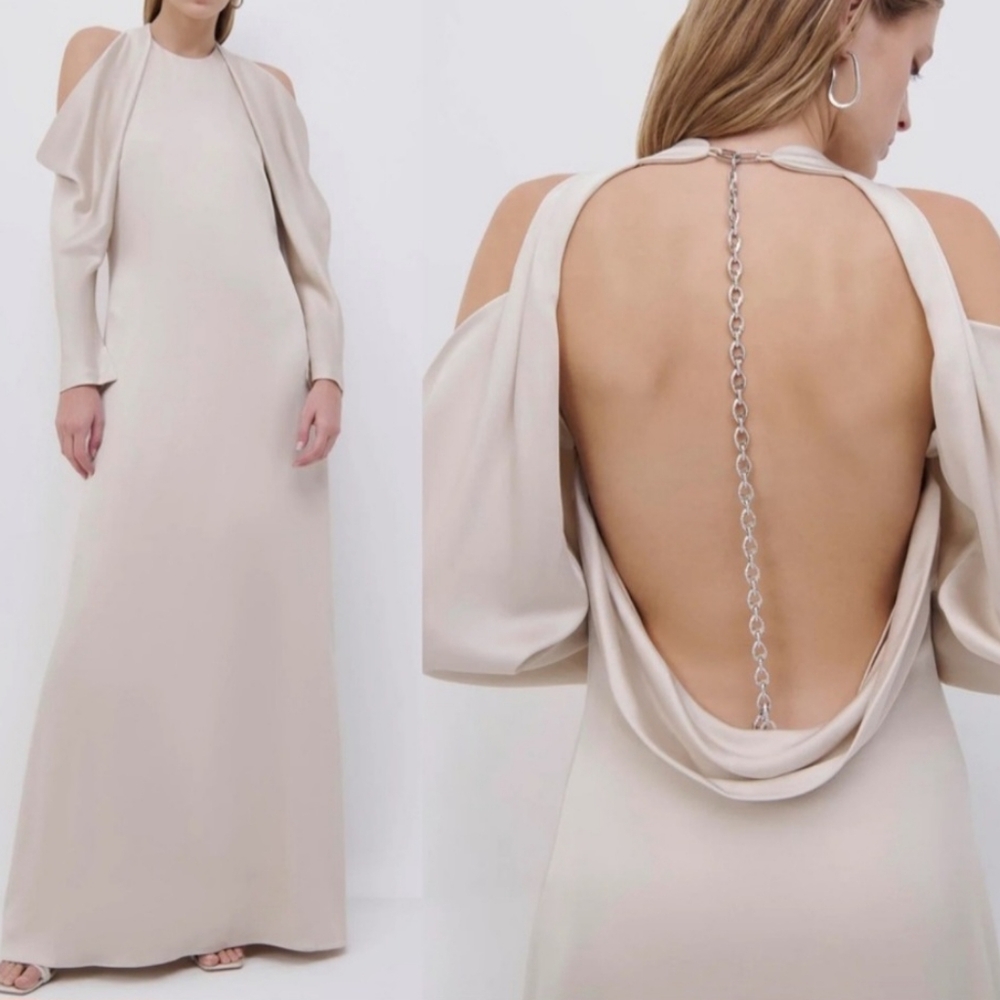Jonathan Simkhai Caitlyn Size 4 Champagne Ivory Backless Maxi Gown Chainlink NWT